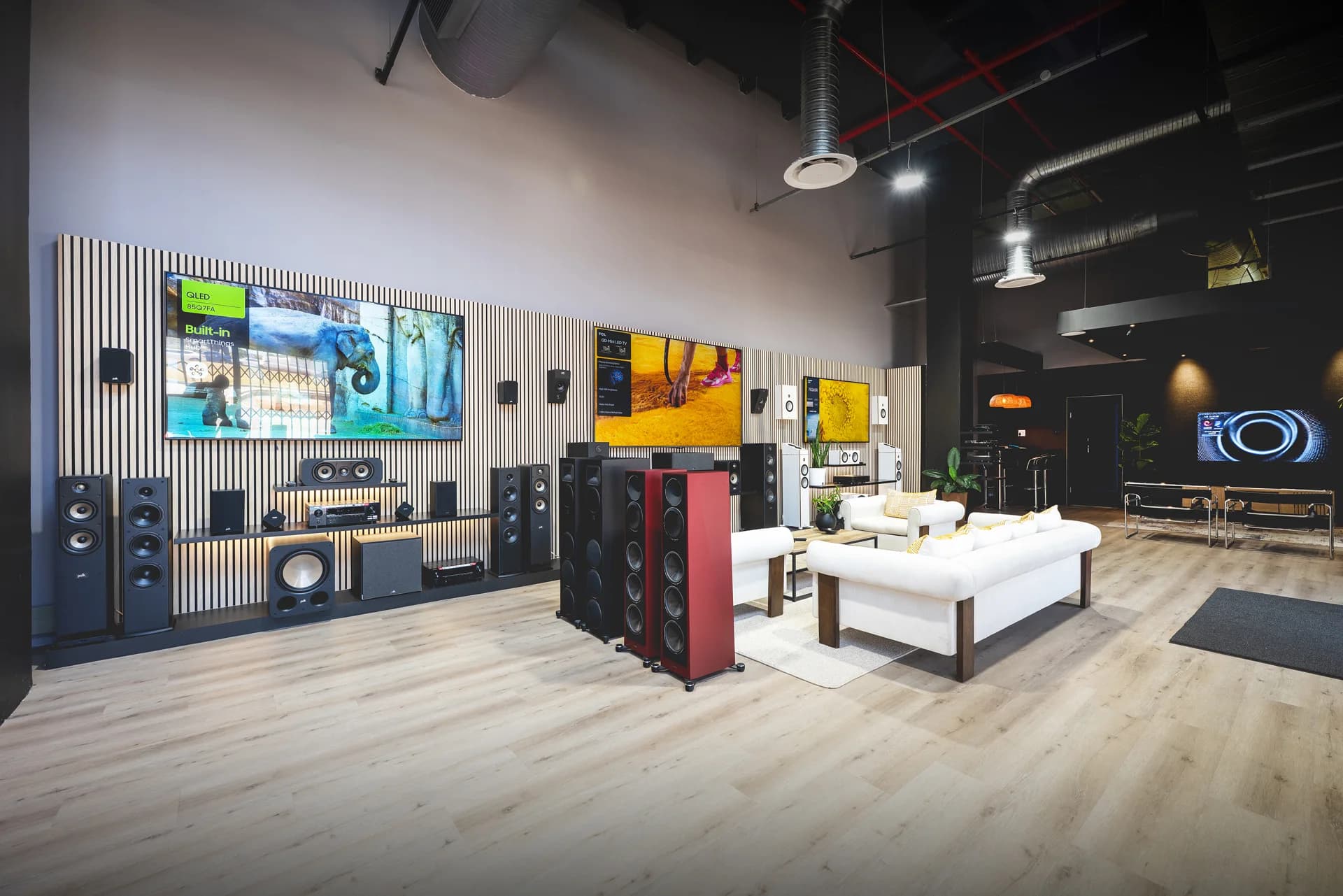 Inside the showroom: TV wall and speaker displays